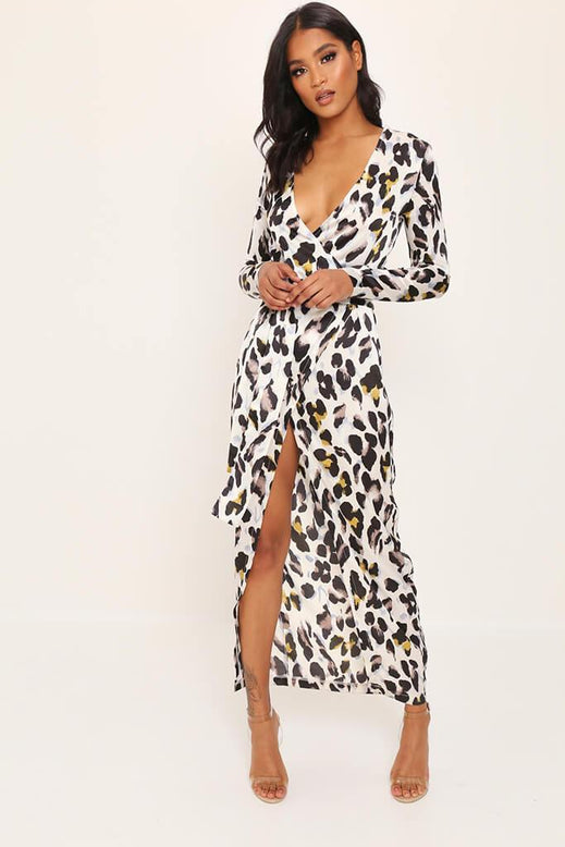 White Leopard Print Maxi Wrap Dress ...